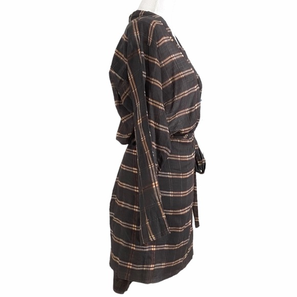 ISABEL MARANT ETOILE MUTED BLACK RED WHITE PLAID FAUX WRAP LONG SLEEVE DRESS - Picture 2 of 8